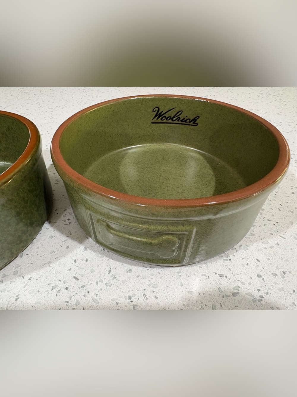 Woolrich Olive Green Ceramic Pet Bowls with Brown Rim (Pair)